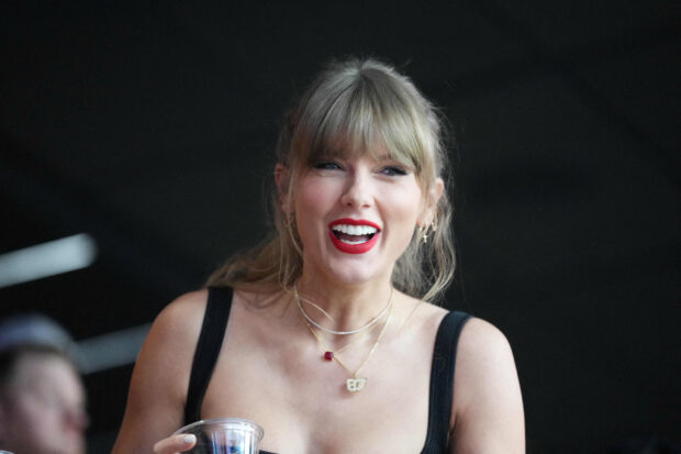 Recording artist Taylor Swift, looks on before Super Bowl LVIII between Kansas City Chiefs and San Francisco 49ers at Allegiant Stadium.