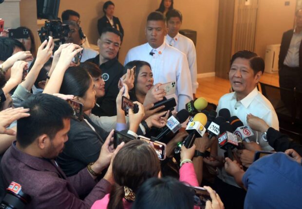 President Ferdinand "Bongbong” Marcos Jr. delivers his message at Maharlika Villamor Airbase, Pasay City, before he left for Canberra, Australia on Wednesday morning, February 28, 2024. Marcos will address the Australian Parliament during his two-day visit. He will return to the country on Thursday. INQUIRER PHOTO / NIÑO JESUS ORBETA