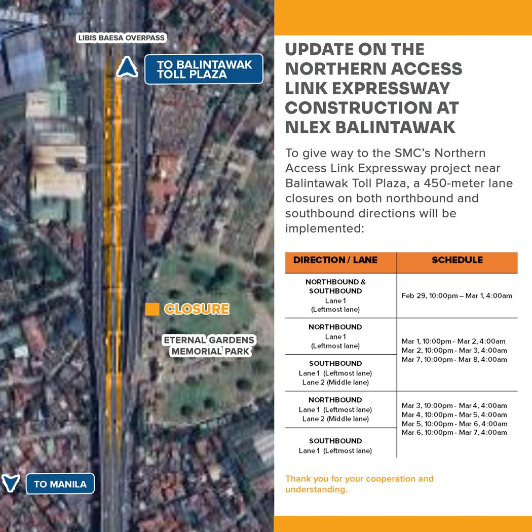 The North Luzon Expressway (NLEX) said on Thursday that lane closures will be implemented in segments of the expressway for the construction of the Northern Access Link Expressway.